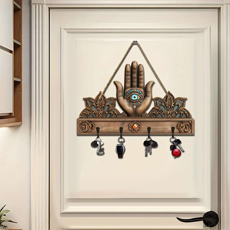 1pc Palm and All-Seeing Eye Simple and Colorful Wooden and Key Hook with Four Metal Hooks 30.0cm x