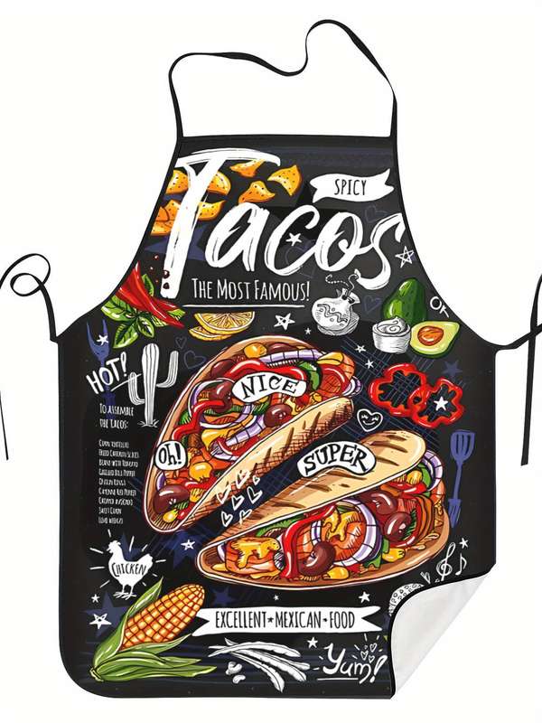 1pc Vintage Tacos Print Apron 100% Polyester Woven Fabric Patterned Cook's Apron for Restaurant
