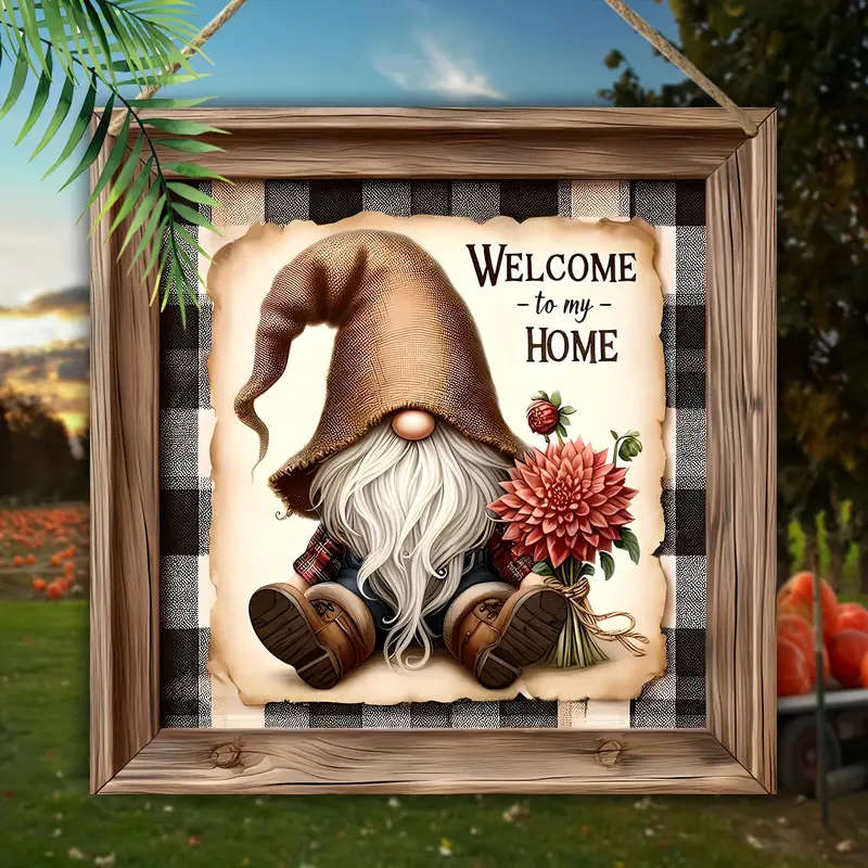 1pc Charming Gnome Welcome Sign with Floral Accents Rustic Wooden Wall Decor for Home Garden Bar or