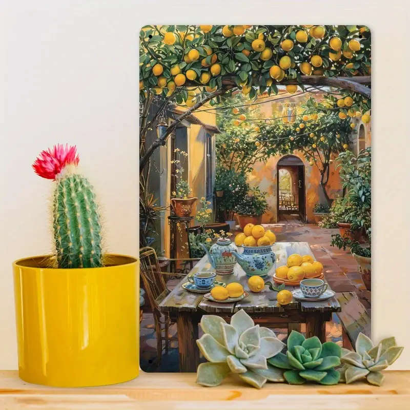 1pc Vintage Iron Sign Under the Lemon Tree 20.32x30.48cm Rustic Wall Art with Mediterranean-Style Sc