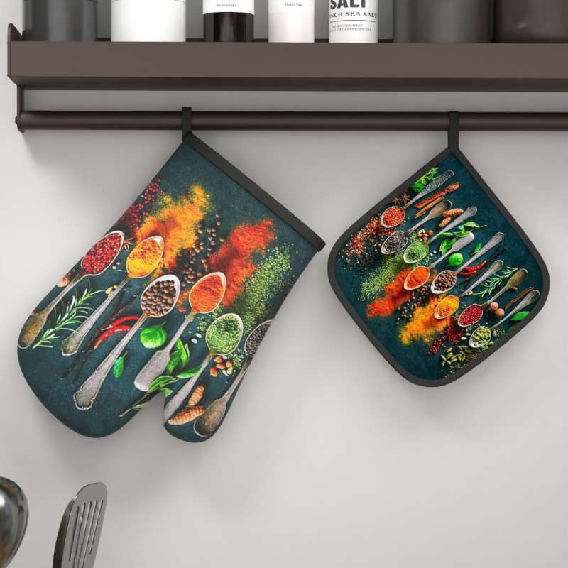 2pcs HeatGuard Kitchen Oven Mitts and Potholders Set Colorful Spices and Herbs Design 100% Po