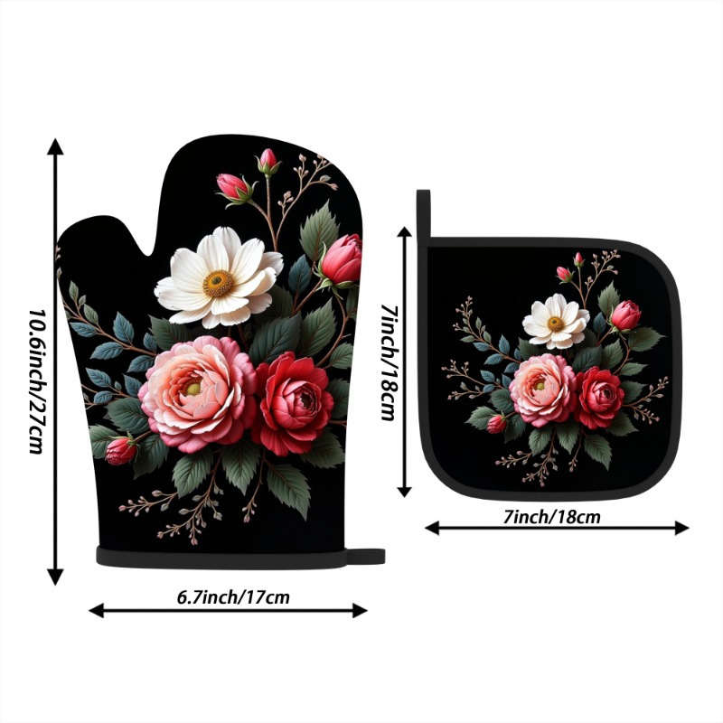 2pcs Floral Heat-Resistant Oven Mitts Potholders Spring Flowers Leaves Design 26.92x17.0