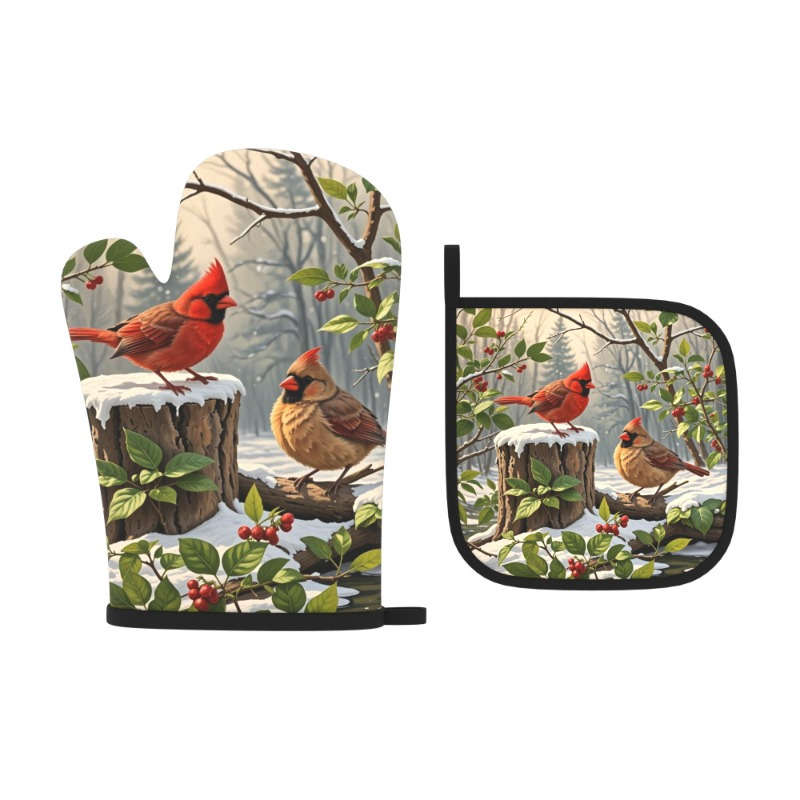2pcs Set Cardinal Red Berries Green Leaves Oven Mitts and Pot Holders Heat Resistant Machi