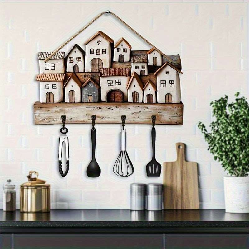 1pc Warm Small Village Wooden Key Rack Wall Decoration-29.97 cmX 22.86cm Rustic Bohemian Style with