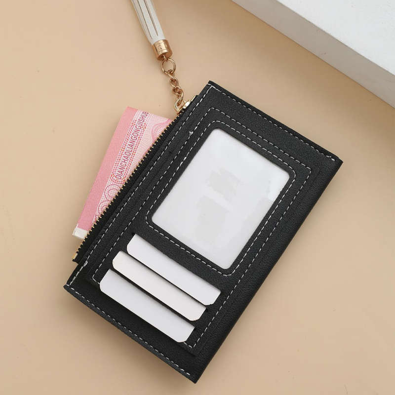 1pc Sleek Black Zipper Card Holder with Multiple Slots Tassel Charm Golden-Tone Accents C Li