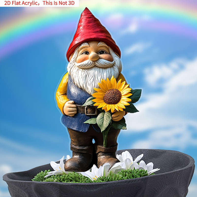 1pc 2D Flat   Charming Sunflower Garden Gnome  Acrylic Yard Stake Bonsai Decor Whimsical