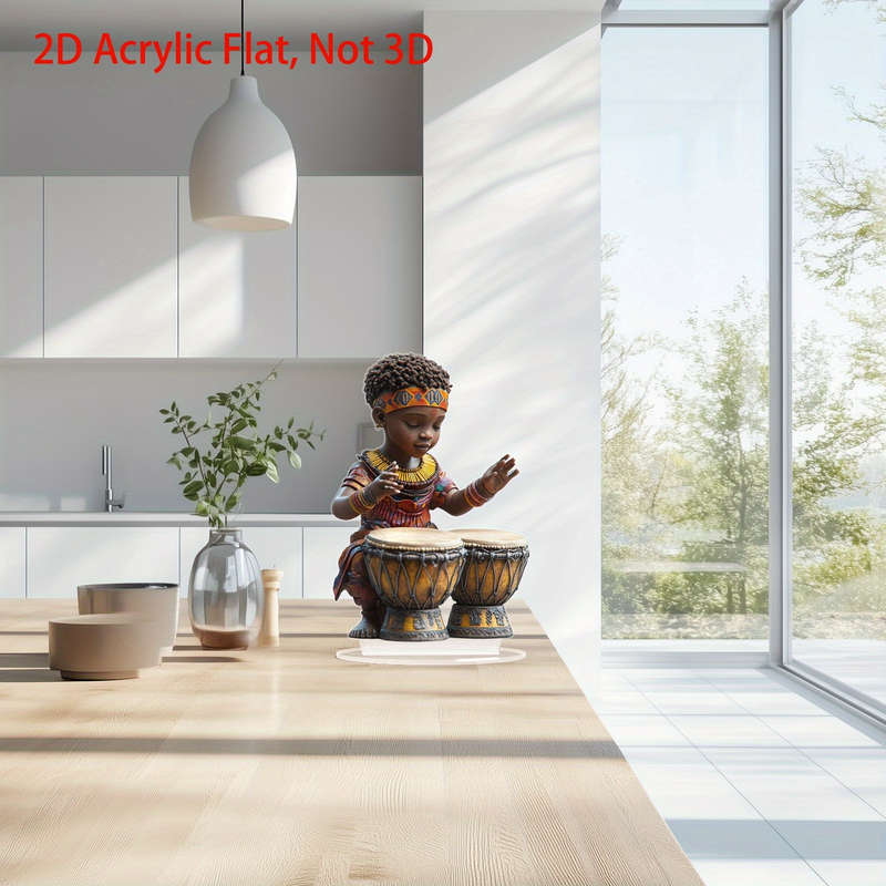 1pc 2D Flat   Acrylic African Boy Playing Drums Decorative Figurine Bohemian Style No Power Ne