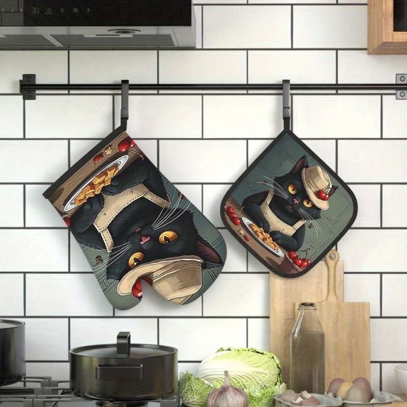 2pcs 26.92x17.02 cm Oven Mitts And Potholders Kitchen Style Black Cat Artistic Style Heat Resis