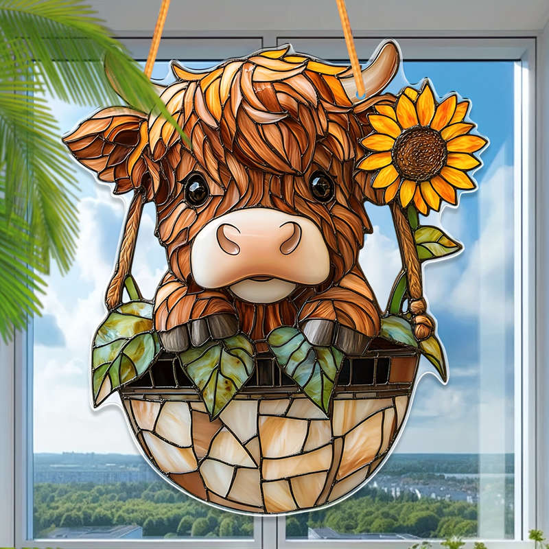 1pc 2D Flat  Highland Cow Acrylic Wall Pediment  Print Farmhouse Window Catchlight 7.1"x8" Ind