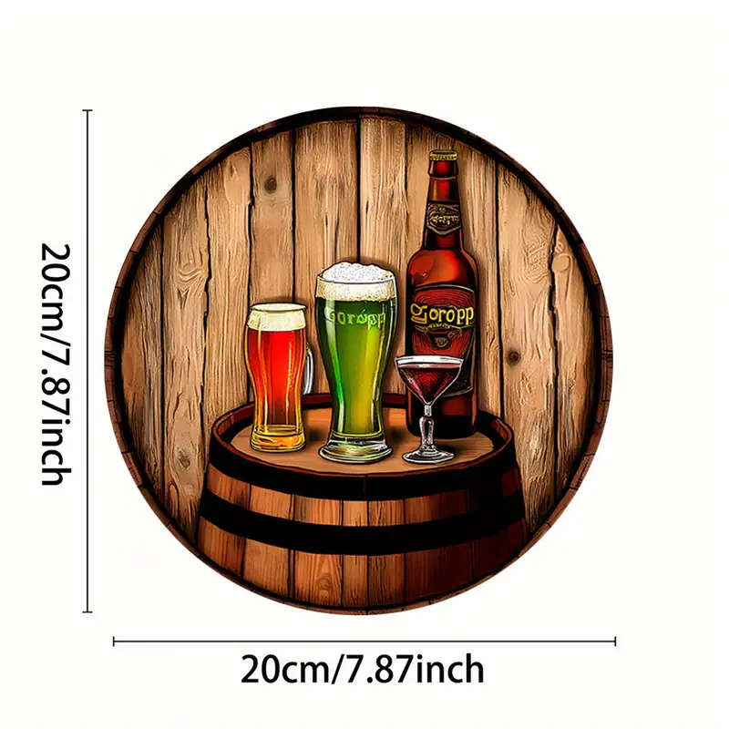 1pc Vintage Pub-Themed 20.32x20.32cm Round Aluminum Sign Rustic Beer Barrel Scene Wall Art Durable M