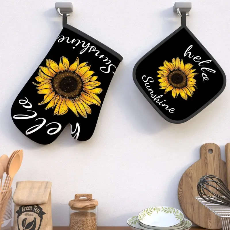 2pcs Sunflower Heat-Resistant Oven Mitts and Potholders Set 26.92*17.02 cm Polyester Machine Washabl