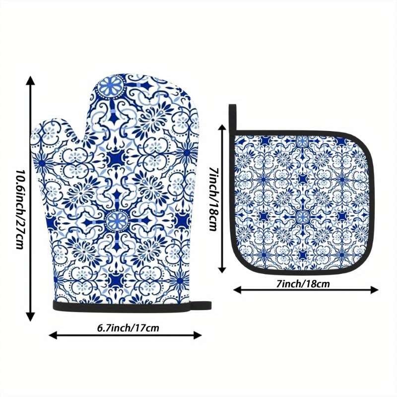 2pcs Blue White Porcelain Pattern Oven Mitts Heat Resistant Decorative Kitchen Gloves for
