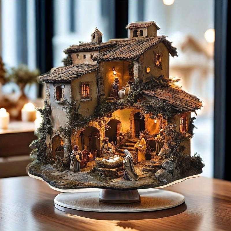 1pc 2D Flat   Bohemian Style Christmas Nativity Scene Acrylic Tag Intricate Village Design
