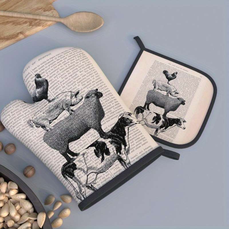 2pcs Vintage Farmhouse Kitchen Set 26.92x17.02 cm Oven Mitts Pot Holders with Chicken Pig