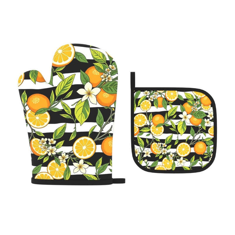 2pcs Heat-Resistant Oven Mitts and Potholders 26.92x17.02 cm Vibrant Orange Black Striped