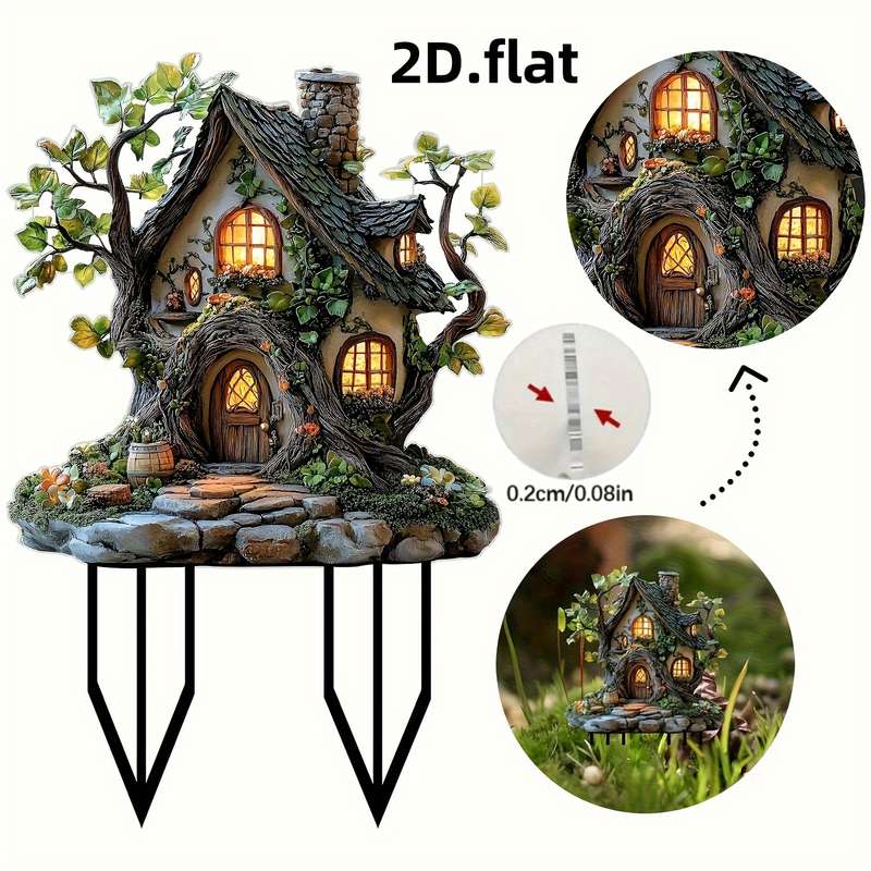 1pc 2D Flat   Decor Suitable for Four Seasons Bohemian Fairy Tale Tree House Garden Stake