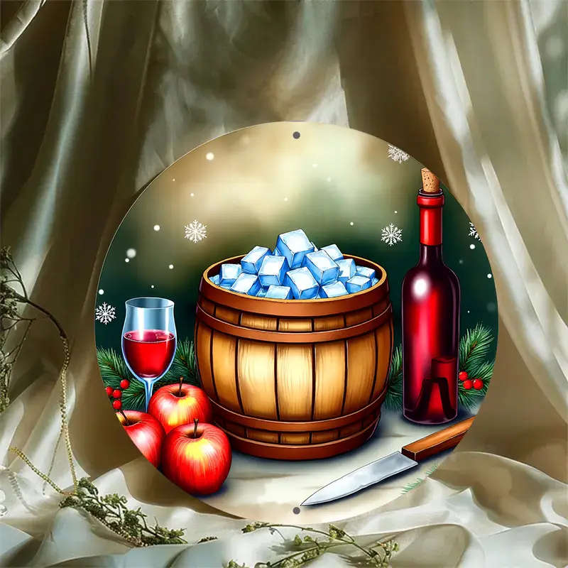 1pc Festive 20.32x20.32cm Round Aluminum Wreath Sign with Wooden Barrel Ice Design Perfect for Holid