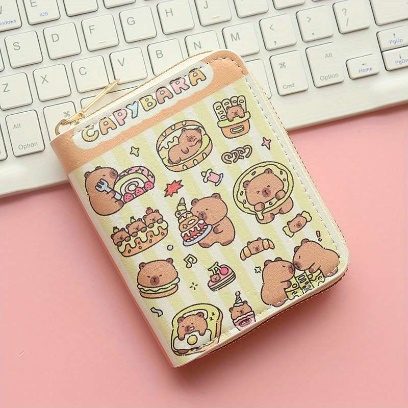 1pc Capybara Cartoon Compact Wallet for Women Cute Kawaii Design with ID Window Coin Pocket Hi