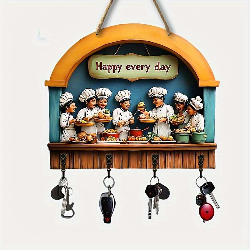 Colorful Wooden Key Holder with Four Metal Hooks"Happy Every Day" Chef Design 30.0cm x 24.99cm