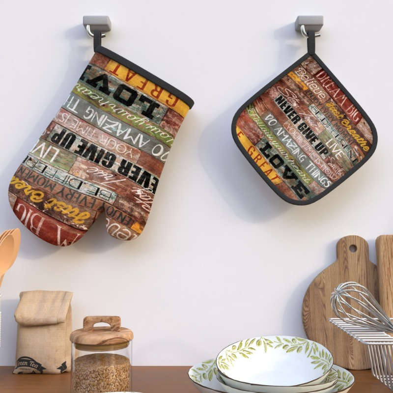 2pcs Vintage Bookshelf Oven Mitts Pot Holders Heat Resistant Red Brown Wooden Design with