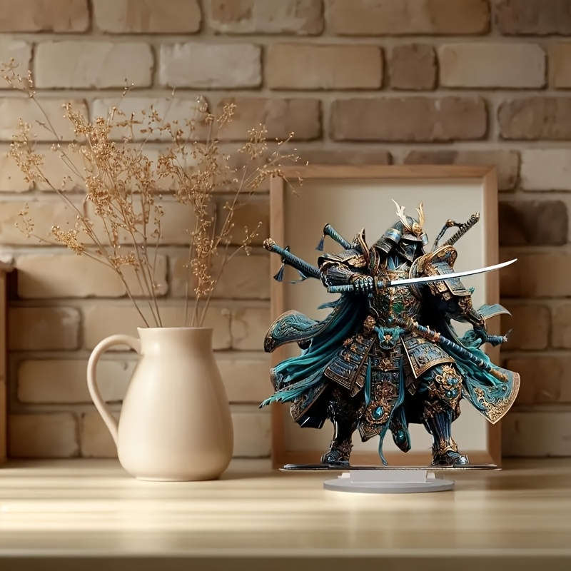 1pc 2D Flat  Acrylic Samurai Knight Statue Vibrant Blue Armor with Golden Accents Ideal for Valen