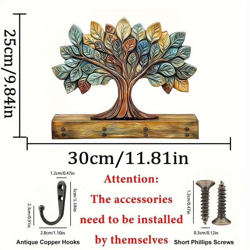1pc Colorful Tree of Life Wooden Key Hook with Four Metal Hooks Rustic Wall-Mounted Home Decor 30.