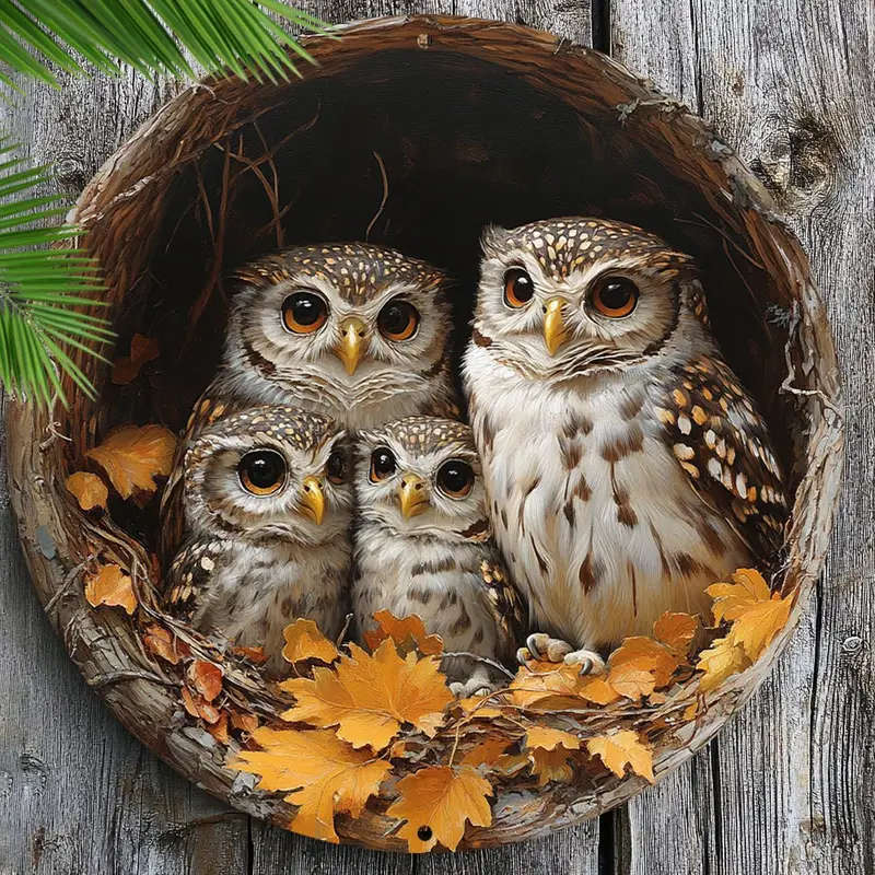 1pc Vintage Owl Family 3D Embossed Aluminum Wall Art 20.32x20.32cm Pre-Drilled for Easy Hanging Anim