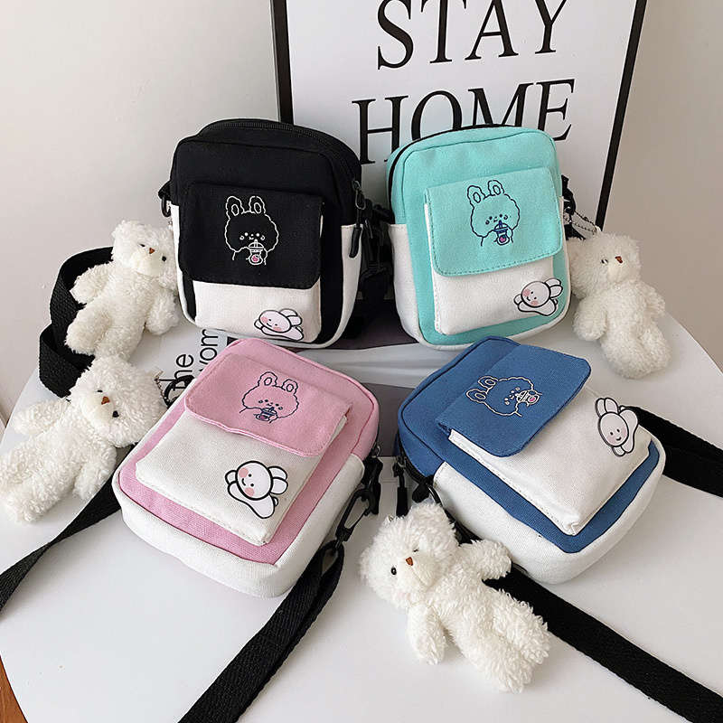 1pc Cute Bunny Canvas Crossbody Bag for Girls Simple Shoulder Messenger with Color-Block Desi