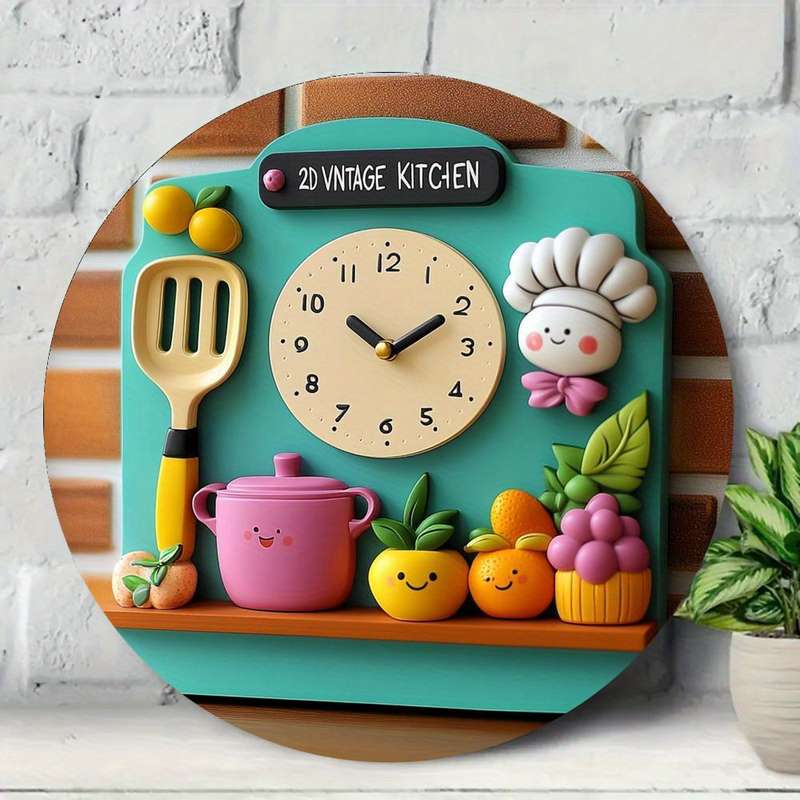 1pc 2D Retro Kitchen Wall Clock Vintage-Inspired Aluminum Decor with Playful Kitchen Not real clock