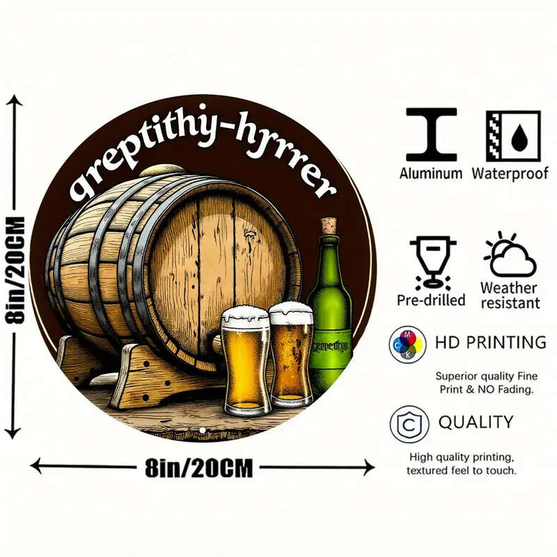 1pc 8Inch Round Aluminum Sign with Wooden Barrel and Beer Glasses Design Ideal for Holiday Season Sp