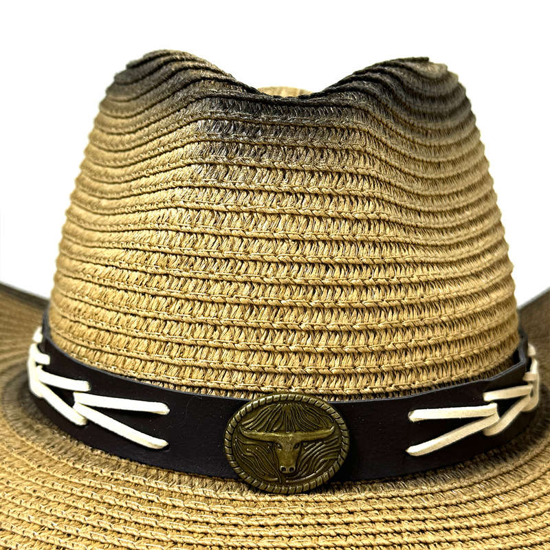 1pc Western Cowboy Hat with Stylish Bull Skull Design Faux Leather Band Polyester Woven Stra