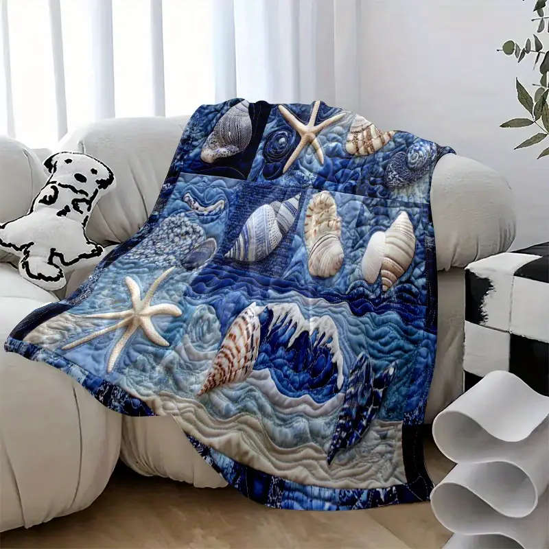 1 x Creative Shell Starfish Snail Plaid Print Flannel Blanket 150*200cm