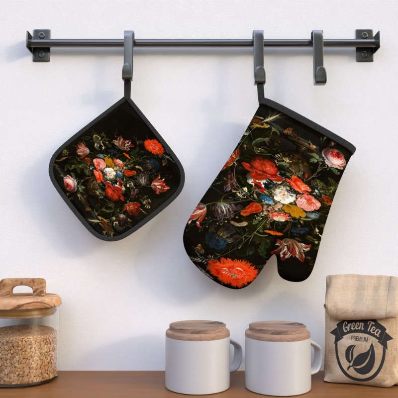 2pcs Floral Oven Mitts Pot Holders Heat Resistant Decorative Kitchen Gloves with Vibrant R