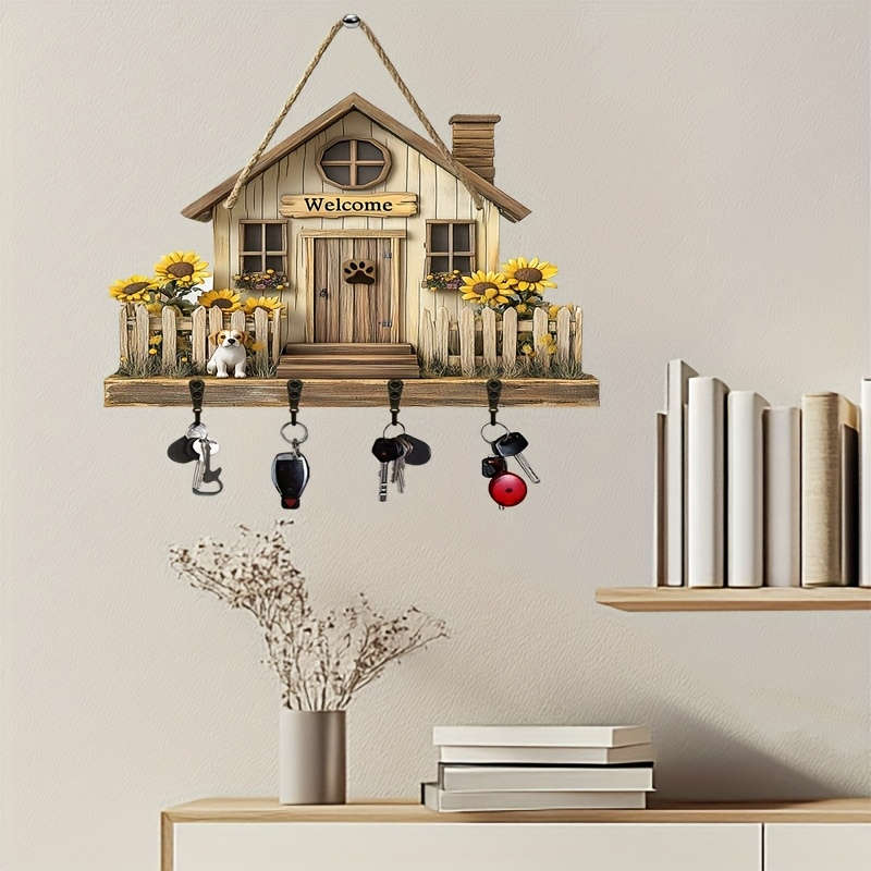 1pc Rustic Cottage  Dog Wooden Wall Art Key Holder with 4 Metal Hooks30.0cm x 24.99cm Farmhouse