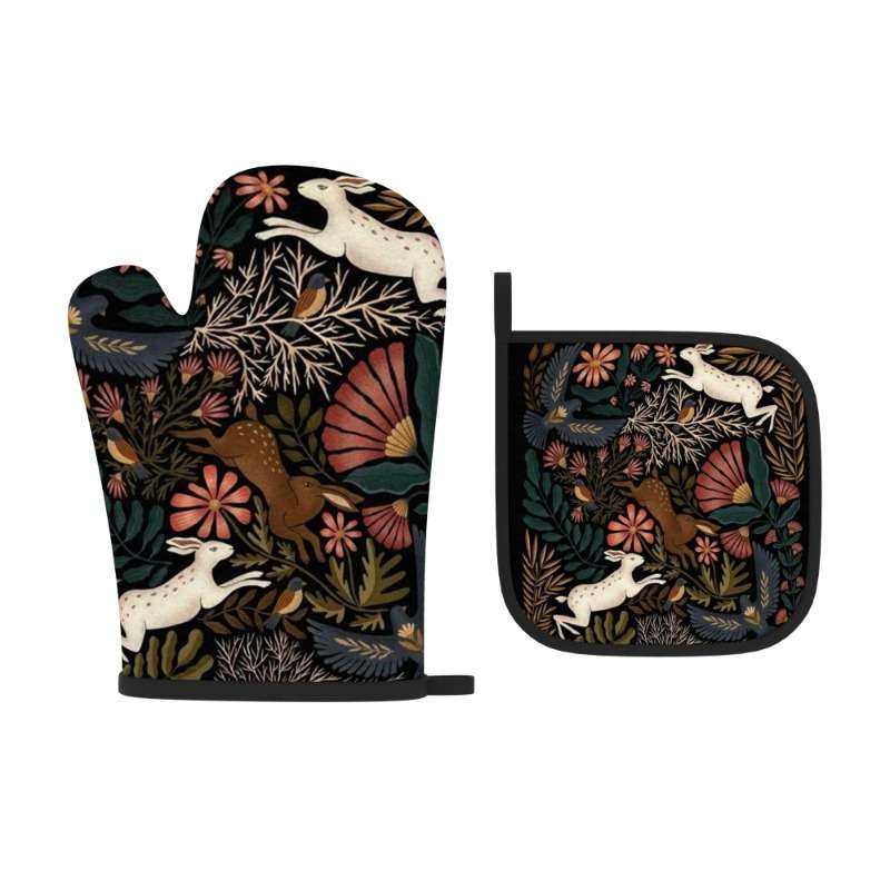 2pcs 26.92x17.02 cm Oven Mitts Pot Holders Rabbit twig flower Heat Resistant Oven Mitts And Pot