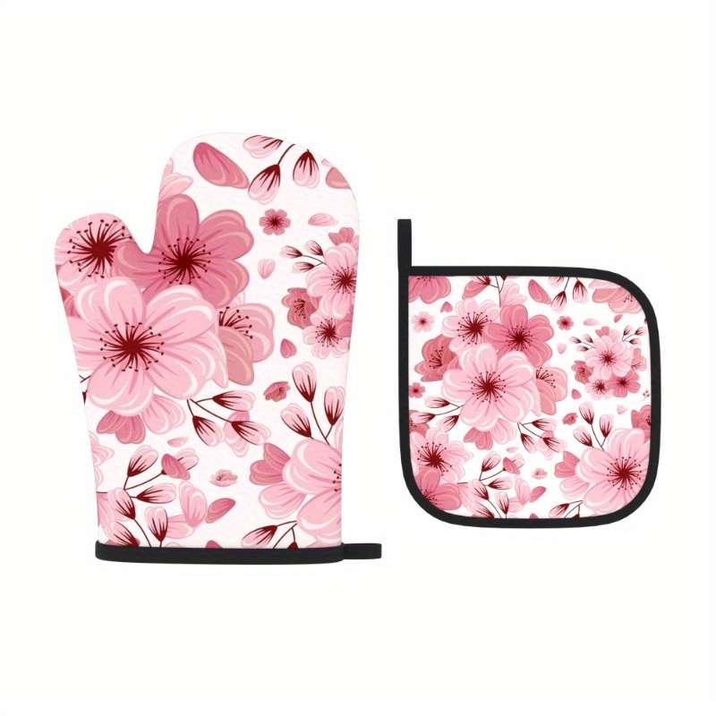 2pcs Pink Cherry Blossom Oven Mitts Pot Holders (26.92x17.02cm) Heat Resistant Polyester