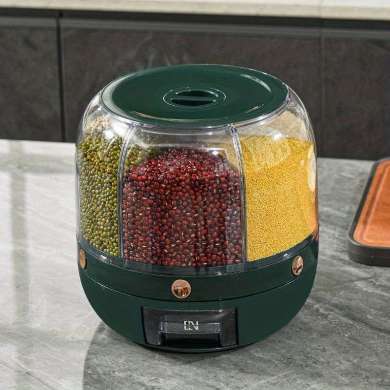 6-Compartment Rotating Rice Bucket with Transparent Lid Large Capacity Grain Storage Containe