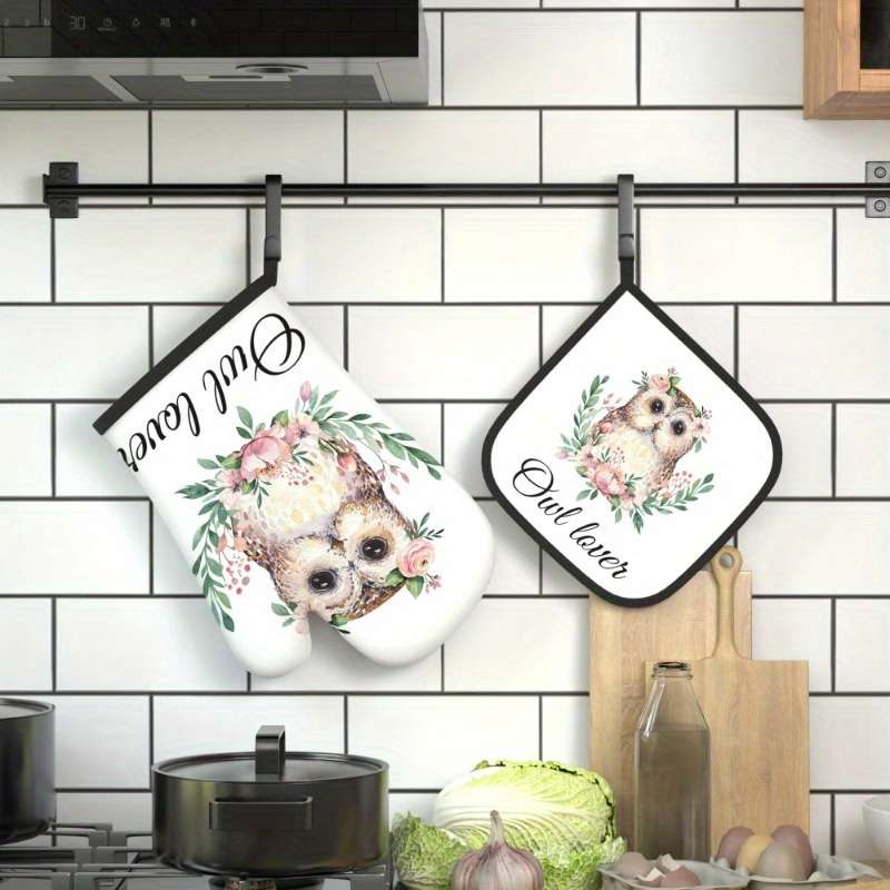 2pcs Set Owl Lover Themed Polyester Oven Mitts and Pot Holders 26.92x17.02 cm Heat Resistant