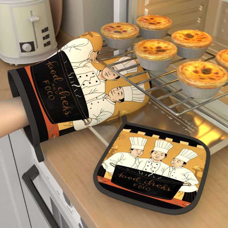 2pcs Chef-Themed Oven Mitts Pot Holders Heat-Resistant Durable Polyester Machine Washable