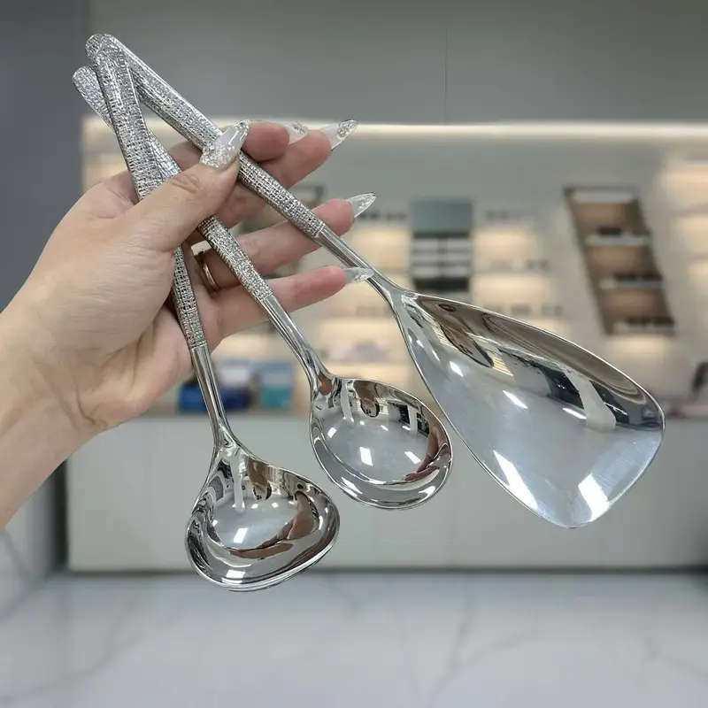 3 Piece Thickened Stainless Steel Serving Spoon Set - Hammered & Mountain Rock Pattern