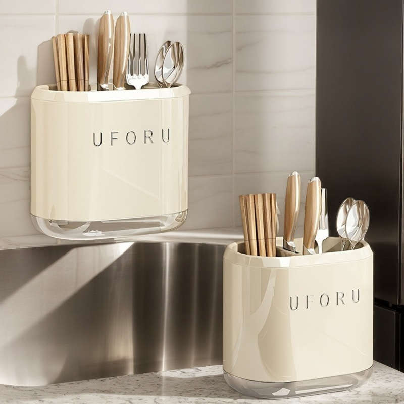 1pc Wall Mounted Kitchen Utensil Rack Plastic No Drilling Required Knife Holder with Drainag