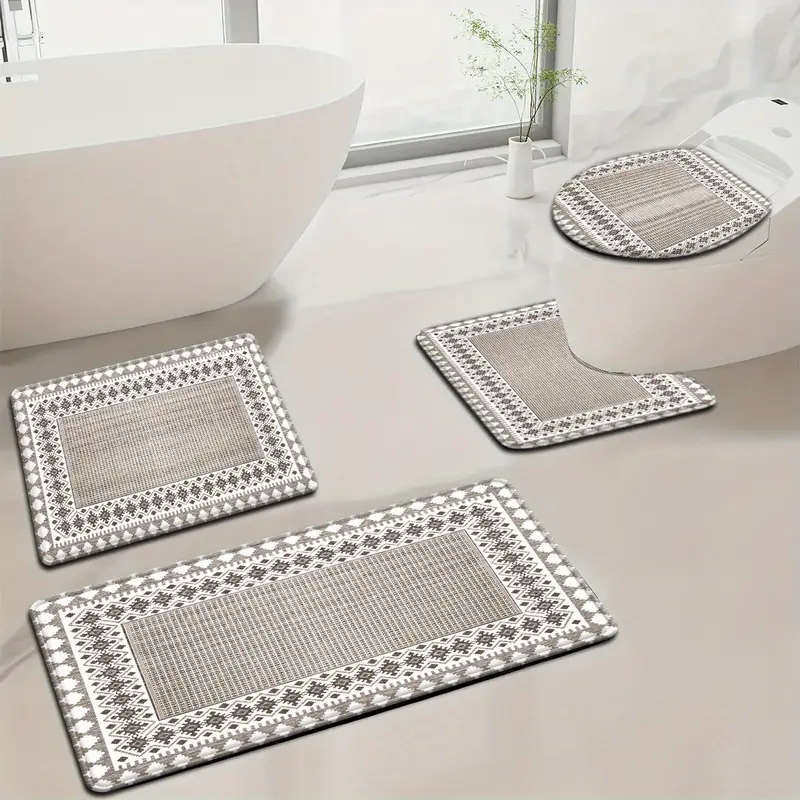 4-Piece Nordic Peach Diamond Check Bathroom Mat Set
