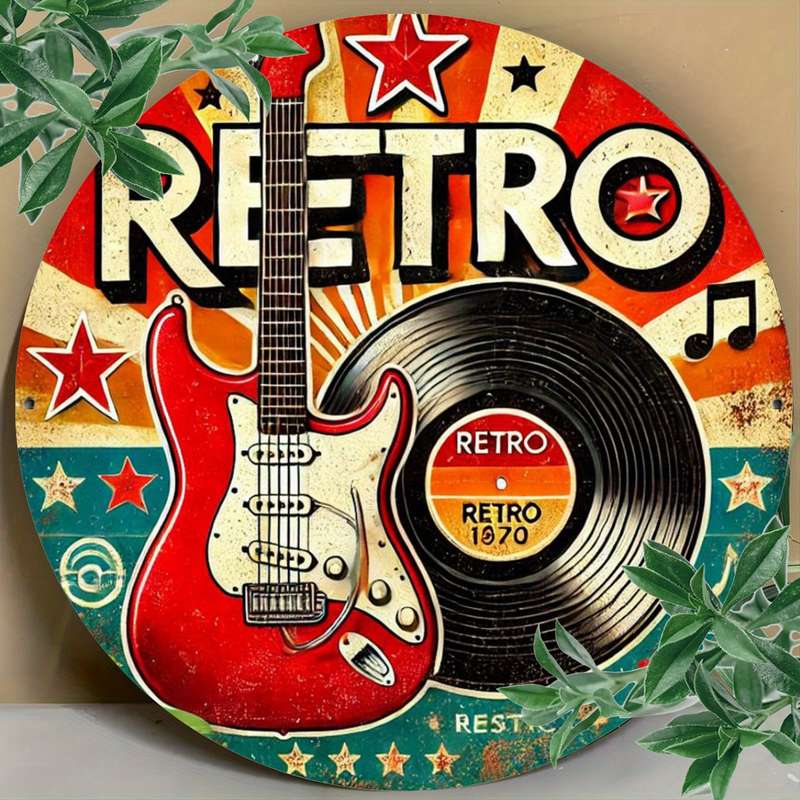 1pc Vintage Guitar and Vinyl Record Design 19.81 cm Round Iron Wreath Sign Vintage Style Wall Dec