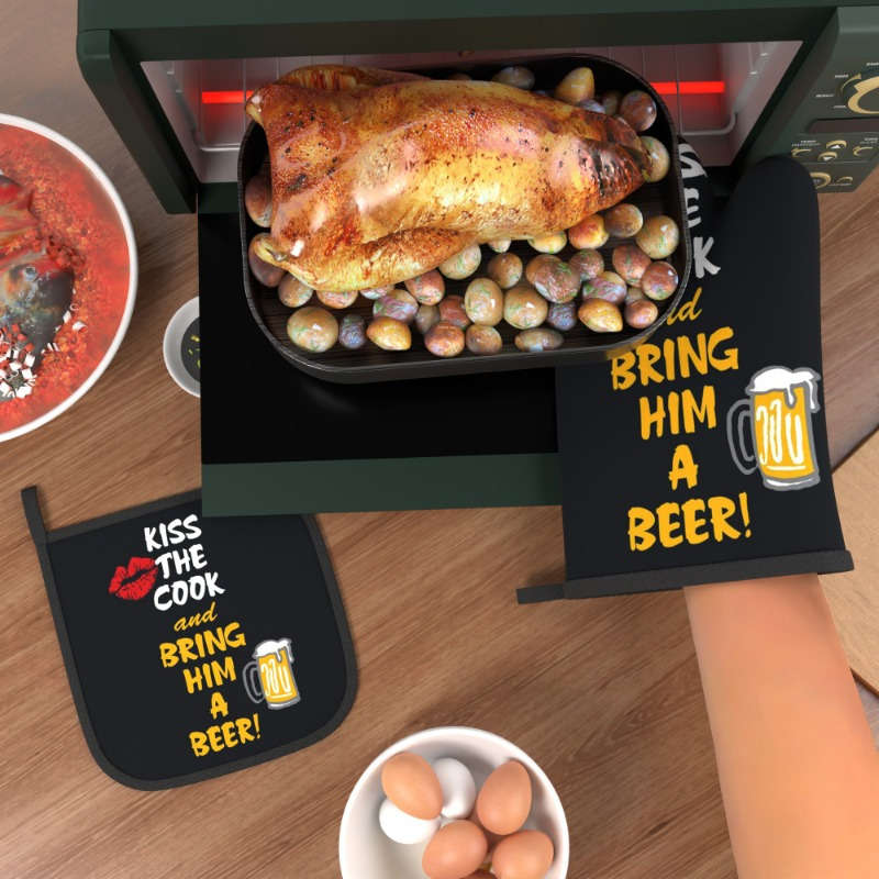 2pcs Heat-Resistant Oven Mitts Pot Holders Beer-Themed Kitchen Gloves with Fun Phrases Bla