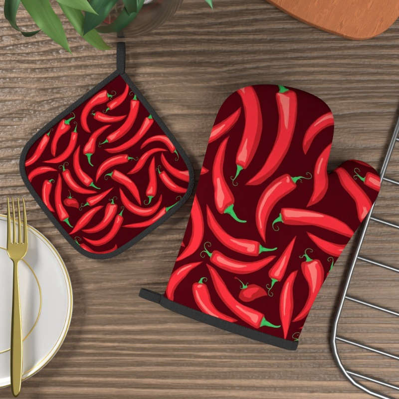 2pcs Red Chili Pepper Oven Mitts Woven Polyester Potholders Heat-Resistant up to 500F Machi