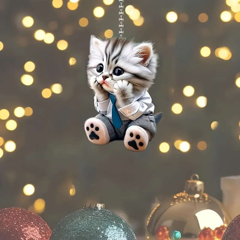 1pc 2D Flat  Adorable Shy Cat Acrylic Hanging Ornament Collectible Feline Memorial with Blue Shirt