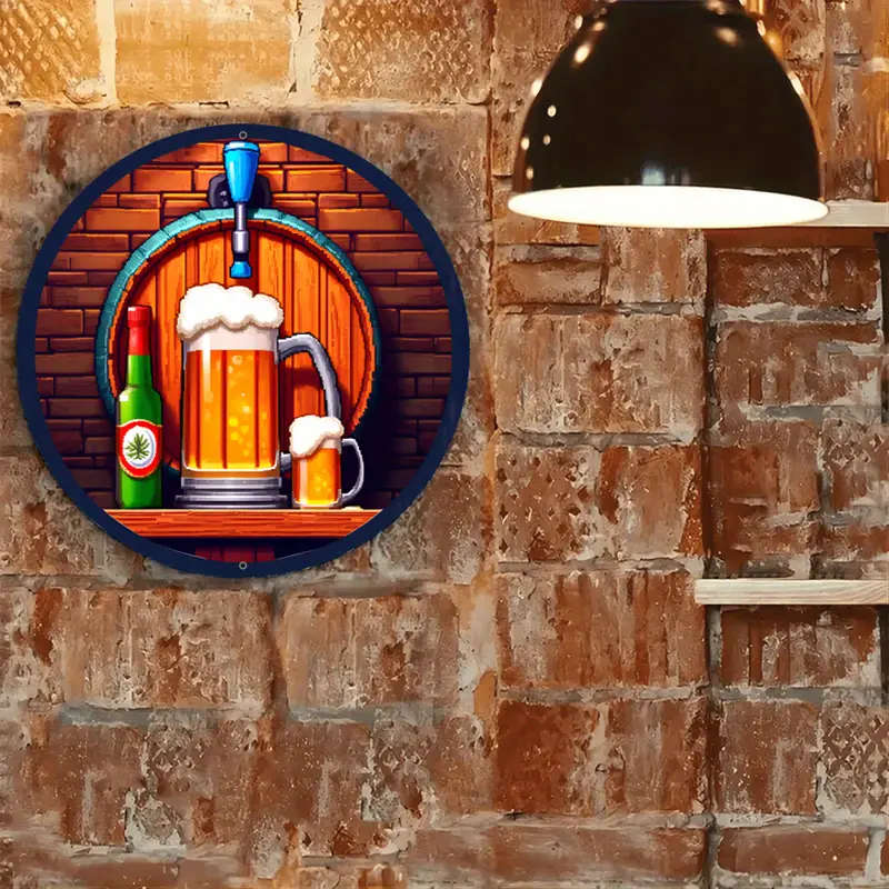 1pc Rustic Beer Barrel Metal Sign Aluminum Wall Hanging Decor with Mug and Bottle Design Waterproof