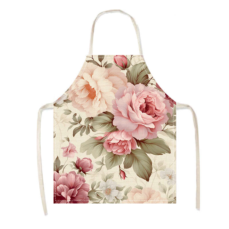 1pc Elegant Floral Linen Apron Peony Blossom Print Lightweight Durable for Cooking Baki