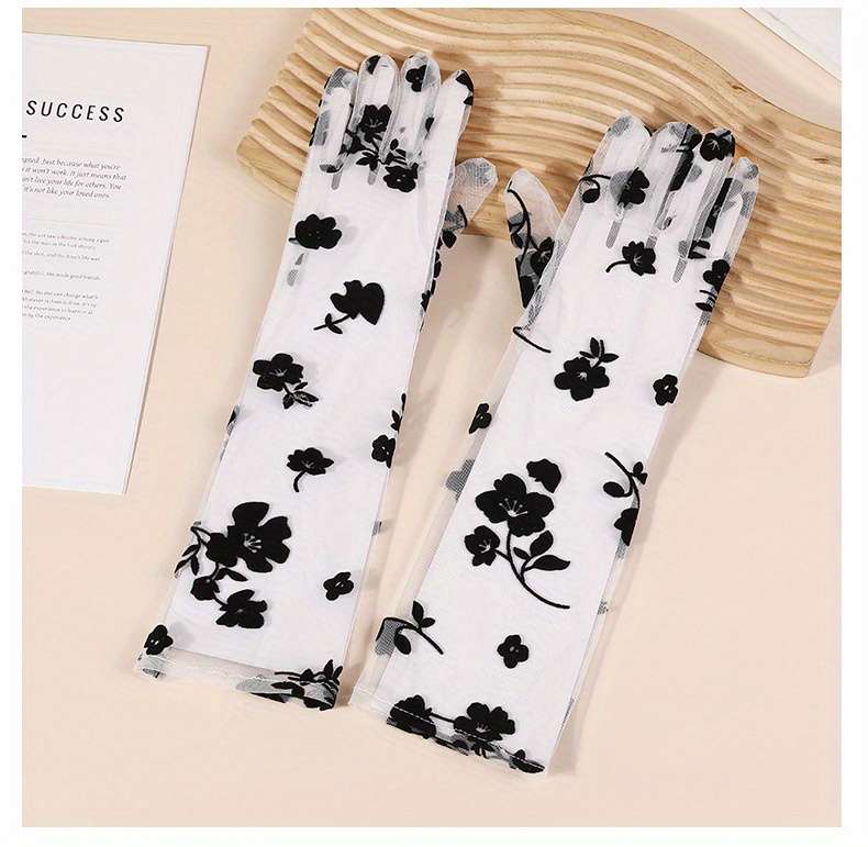 1 Pair Black Retro Rose Long Lace Gloves