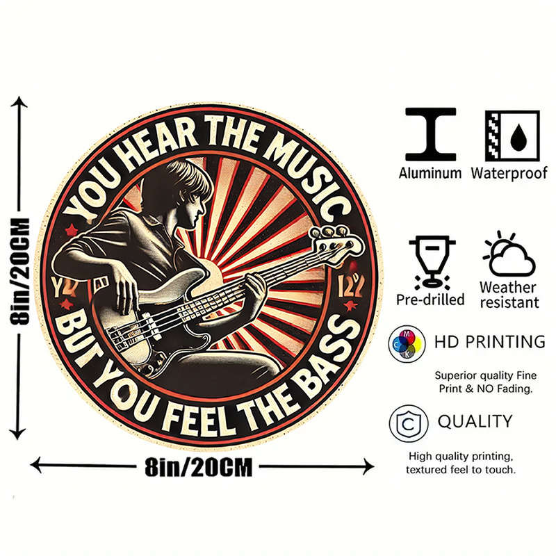 1pc Retro 8-Inch Round Metal Sign with Electric Bass Guitar Design 'You Hear the Music But You F